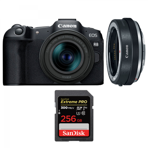 Canon EOS R8 + RF 24-50mm IS STM + EF-EOS R Premium + 1 SanDisk 256GB Extreme PRO UHS-II SDXC 300 MB/s-1