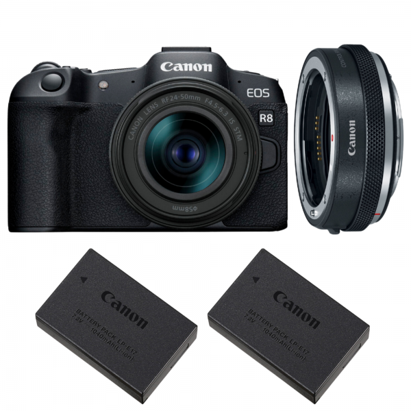 Canon EOS R8 + RF 24-50mm IS STM + EF-EOS R Premium + 2 Canon LP-E17-1