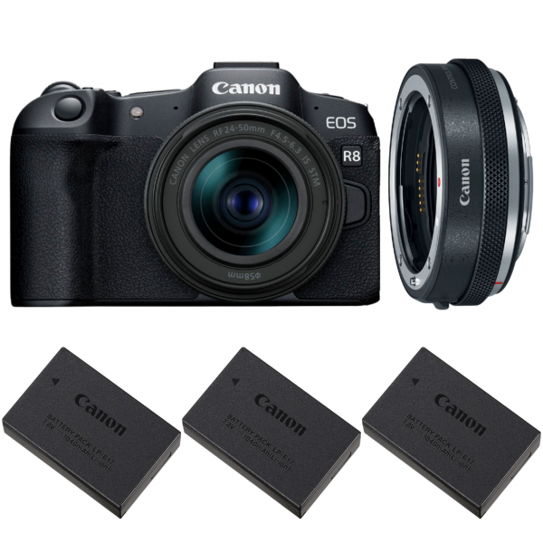 Canon EOS R8 + RF 24-50mm IS STM + EF-EOS R Premium + 3 Canon LP-E17-1