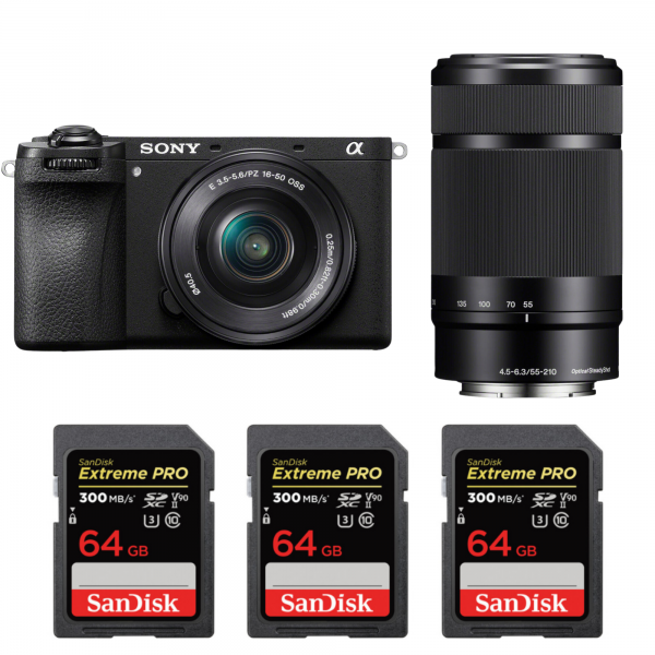 Sony A6700 + 16-50mm f/3.5-5.6 OSS + 55-210mm f/4.5-6.3 OSS + 3 SanDisk 64GB Extreme PRO UHS-II SDXC 300 MB/s-1
