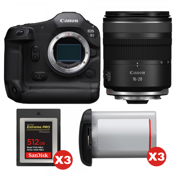 Canon EOS R1 + RF 16-28mm f/2.8 IS STM + 3 SanDisk 512GB Extreme PRO CFexpress Type B + 3 Canon LP-E19-1