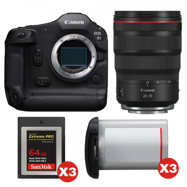 Canon EOS R1 + RF 24-70mm f/2.8 L IS USM + 3 SanDisk 64GB Extreme PRO CFexpress Type B + 3 Canon LP-E19-1