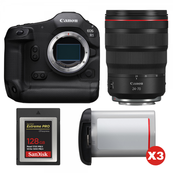 Canon EOS R1 + RF 24-70mm f/2.8 L IS USM + 1 SanDisk 128GB Extreme PRO CFexpress Type B + 3 Canon LP-E19-1