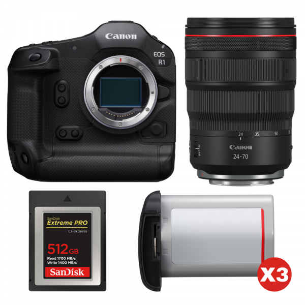 Canon EOS R1 + RF 24-70mm f/2.8 L IS USM + 1 SanDisk 512GB Extreme PRO CFexpress Type B + 3 Canon LP-E19-1