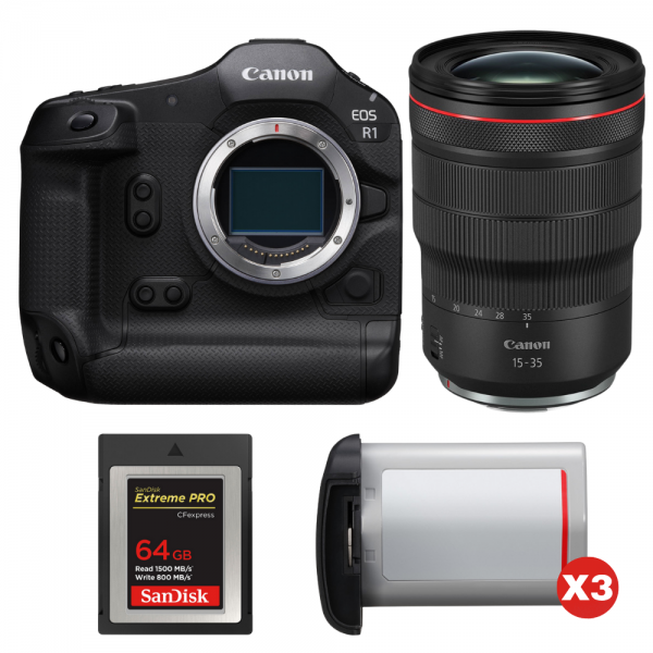 Canon EOS R1 + RF 15-35mm f/2.8 L IS USM + 1 SanDisk 64GB Extreme PRO CFexpress Type B + 3 Canon LP-E19-1
