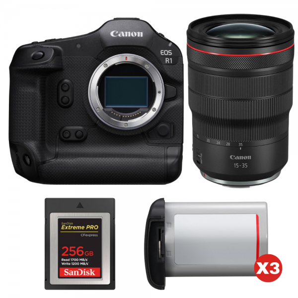 Canon EOS R1 + RF 15-35mm f/2.8 L IS USM + 1 SanDisk 256GB Extreme PRO CFexpress Type B + 3 Canon LP-E19-1