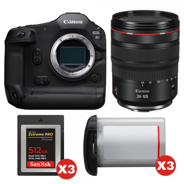 Canon EOS R1 + RF 24-105mm f/4 L IS USM + 3 SanDisk 512GB Extreme PRO CFexpress Type B + 3 Canon LP-E19-1