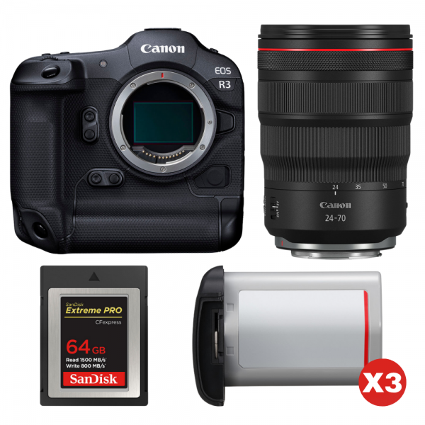 Canon EOS R3 + RF 24-70mm f/2.8 L IS USM + 1 SanDisk 64GB Extreme PRO CFexpress Type B + 3 Canon LP-E19-1