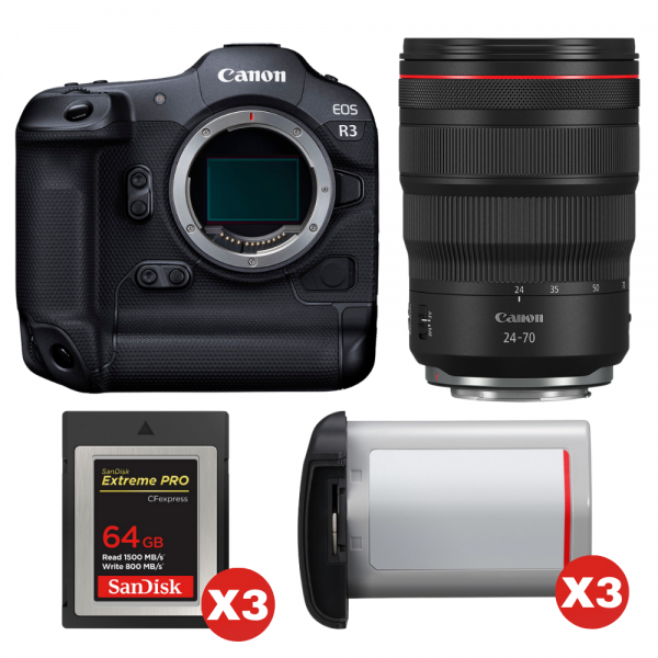 Canon EOS R3 + RF 24-70mm f/2.8 L IS USM + 3 SanDisk 64GB Extreme PRO CFexpress Type B + 3 Canon LP-E19-1