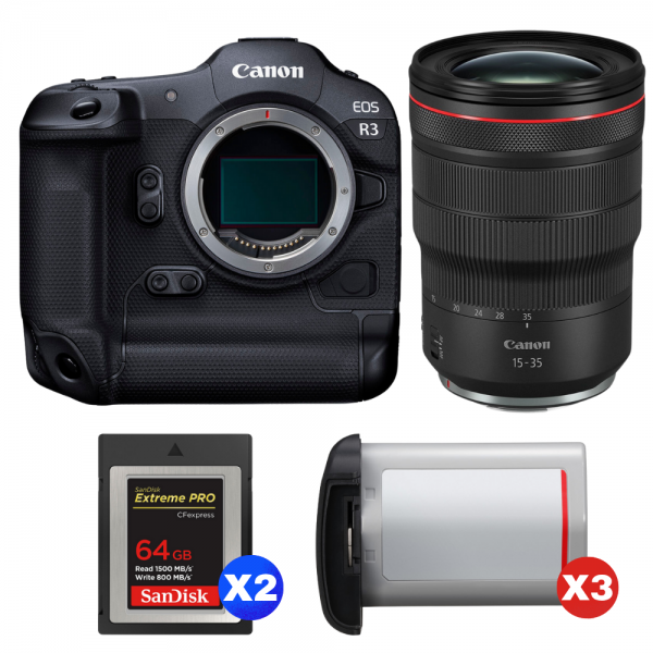Canon EOS R3 + RF 15-35mm f/2.8 L IS USM + 2 SanDisk 64GB Extreme PRO CFexpress Type B + 3 Canon LP-E19-1