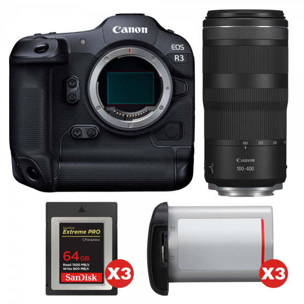 Canon EOS R3 + RF 100-400mm f/5.6-8 IS USM + 3 SanDisk 64GB Extreme PRO CFexpress Type B + 3 Canon LP-E19-1