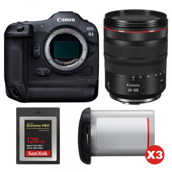 Canon EOS R3 + RF 24-105mm f/4 L IS USM + 1 SanDisk 128GB Extreme PRO CFexpress Type B + 3 Canon LP-E19-1