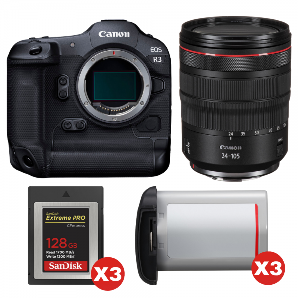 Canon EOS R3 + RF 24-105mm f/4 L IS USM + 3 SanDisk 128GB Extreme PRO CFexpress Type B + 3 Canon LP-E19-1