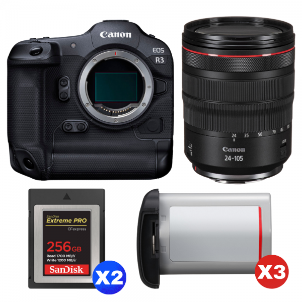 Canon EOS R3 + RF 24-105mm f/4 L IS USM + 2 SanDisk 256GB Extreme PRO CFexpress Type B + 3 Canon LP-E19-1