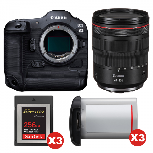 Canon EOS R3 + RF 24-105mm f/4 L IS USM + 3 SanDisk 256GB Extreme PRO CFexpress Type B + 3 Canon LP-E19-1