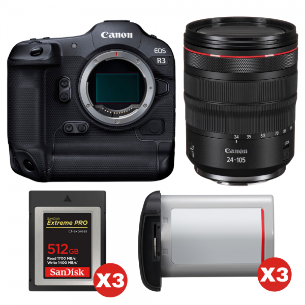 Canon EOS R3 + RF 24-105mm f/4 L IS USM + 3 SanDisk 512GB Extreme PRO CFexpress Type B + 3 Canon LP-E19-1