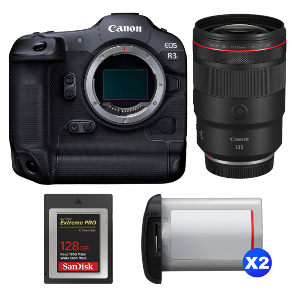 Canon EOS R3 + RF 135mm f/1.8 L IS USM + 1 SanDisk 128GB Extreme PRO CFexpress Type B + 2 Canon LP-E19-1