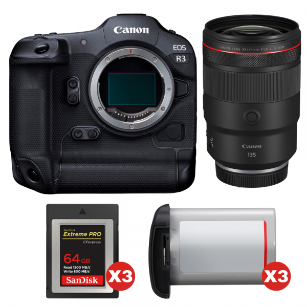 Canon EOS R3 + RF 135mm f/1.8 L IS USM + 3 SanDisk 64GB Extreme PRO CFexpress Type B + 3 Canon LP-E19-1