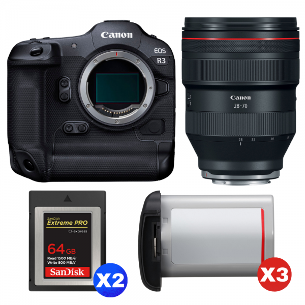Canon EOS R3 + RF 28-70mm f/2 L USM + 2 SanDisk 64GB Extreme PRO CFexpress Type B + 3 Canon LP-E19-1