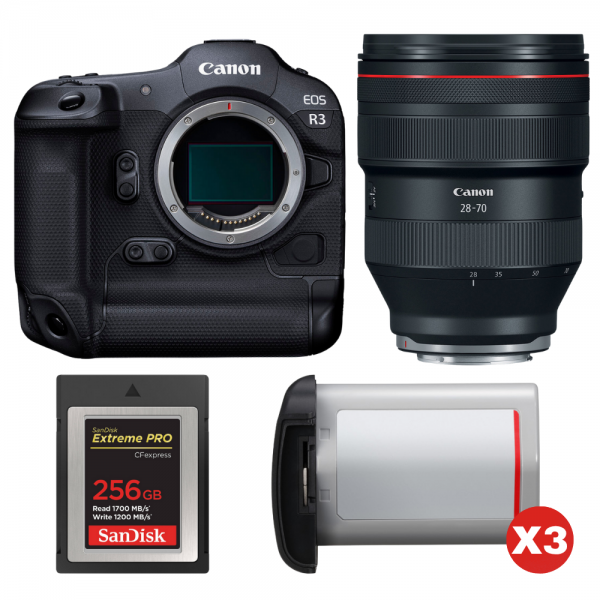 Canon EOS R3 + RF 28-70mm f/2 L USM + 1 SanDisk 256GB Extreme PRO CFexpress Type B + 3 Canon LP-E19-1