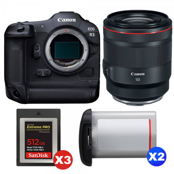 Canon EOS R3 + RF 50mm f/1.2 L USM + 3 SanDisk 512GB Extreme PRO CFexpress Type B + 2 Canon LP-E19-1