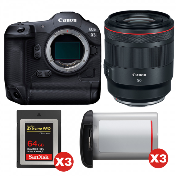 Canon EOS R3 + RF 50mm f/1.2 L USM + 3 SanDisk 64GB Extreme PRO CFexpress Type B + 3 Canon LP-E19-1