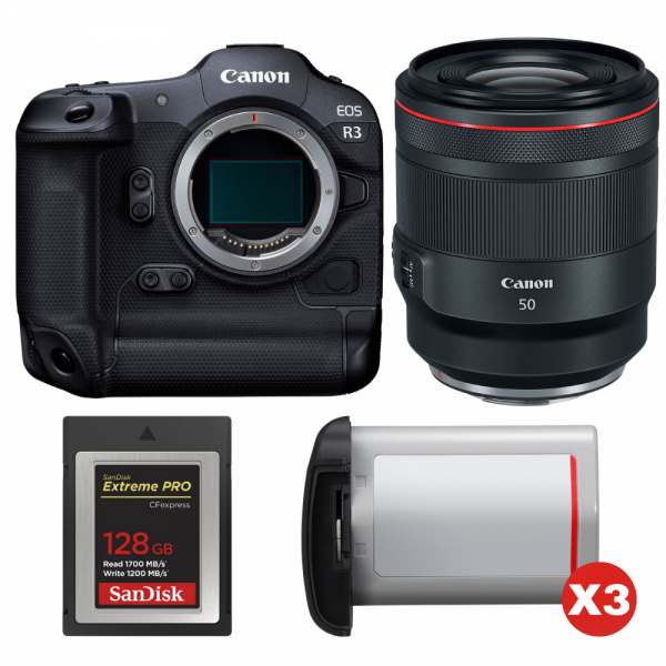 Canon EOS R3 + RF 50mm f/1.2 L USM + 1 SanDisk 128GB Extreme PRO CFexpress Type B + 3 Canon LP-E18-1