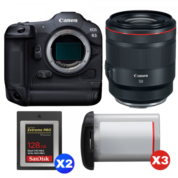 Canon EOS R3 + RF 50mm f/1.2 L USM + 2 SanDisk 128GB Extreme PRO CFexpress Type B + 3 Canon LP-E19-1