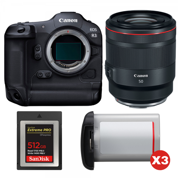 Canon EOS R3 + RF 50mm f/1.2 L USM + 1 SanDisk 512GB Extreme PRO CFexpress Type B + 3 Canon LP-E19-1
