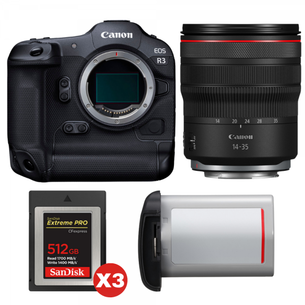 Canon EOS R3 + RF 14-35mm f/4 L IS USM + 3 SanDisk 512GB Extreme PRO CFexpress Type B + Canon LP-E19-1