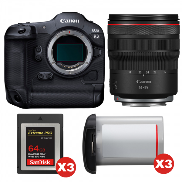 Canon EOS R3 + RF 14-35mm f/4 L IS USM + 3 SanDisk 64GB Extreme PRO CFexpress Type B + 3 Canon LP-E19-1