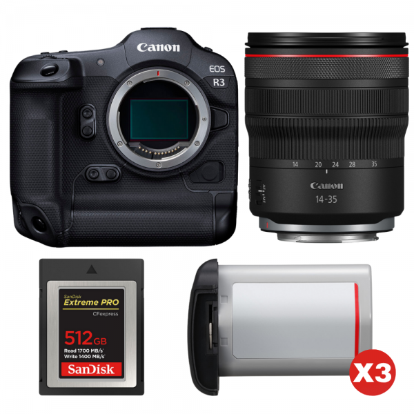 Canon EOS R3 + RF 14-35mm f/4 L IS USM + 1 SanDisk 512GB Extreme PRO CFexpress Type B + 3 Canon LP-E19-1