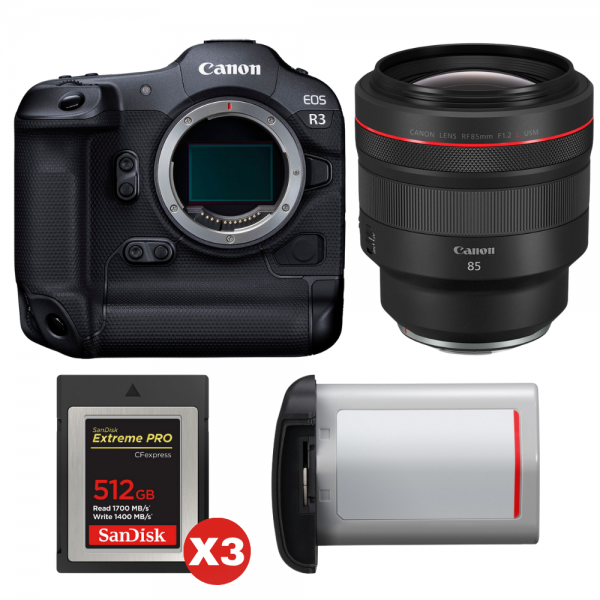Canon EOS R3 + RF 85mm f/1.2 L USM + 3 SanDisk 512GB Extreme PRO CFexpress Type B + Canon LP-E19-1