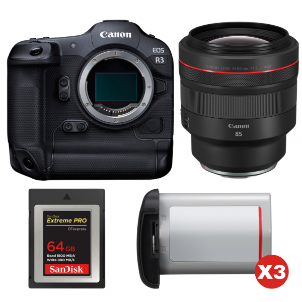 Canon EOS R3 + RF 85mm f/1.2 L USM + 1 SanDisk 64GB Extreme PRO CFexpress Type B + 3 Canon LP-E19-1
