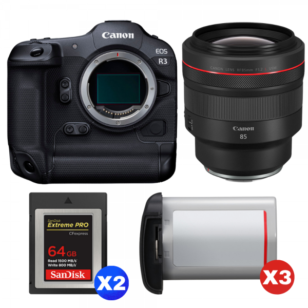 Canon EOS R3 + RF 85mm f/1.2 L USM + 2 SanDisk 64GB Extreme PRO CFexpress Type B + 3 Canon LP-E19-1