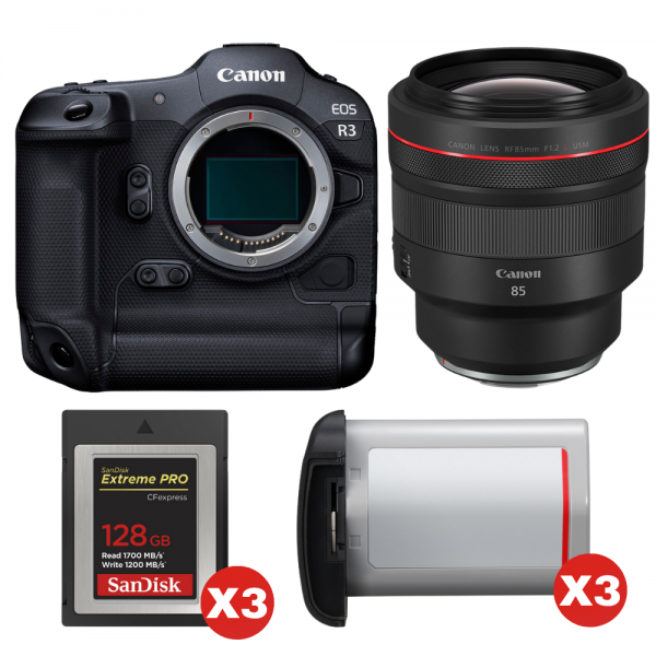Canon EOS R3 + RF 85mm f/1.2 L USM + 3 SanDisk 128GB Extreme PRO CFexpress Type B + 3 Canon LP-E19-1