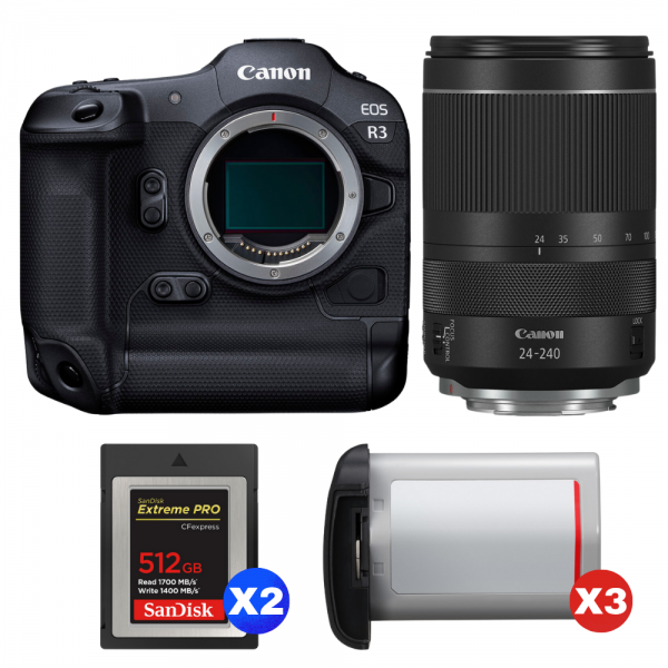 Canon EOS R3 + RF 24-240mm f/4-6.3 IS USM + 2 SanDisk 512GB Extreme PRO CFexpress Type B + 3 Canon LP-E19-1