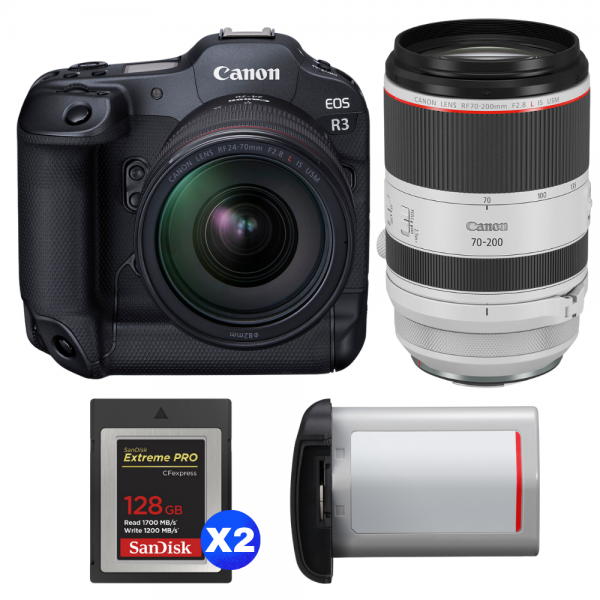 Canon EOS R3 + RF 24-70mm f/2.8 L IS USM + RF 70-200mm f/2.8 L IS USM + 2 SanDisk 128GB Extreme PRO CFexpress Type B + Canon LP-