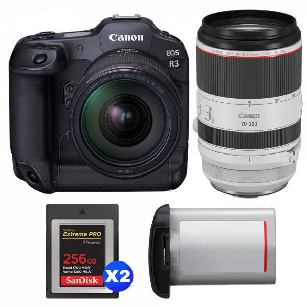 Canon EOS R3 + RF 24-70mm f/2.8 L IS USM + RF 70-200mm f/2.8 L IS USM + 2 SanDisk 256GB Extreme PRO CFexpress Type B + Canon LP-