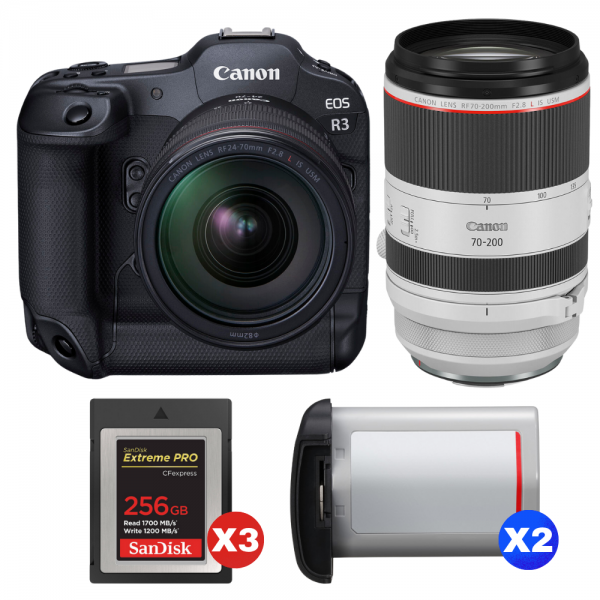 Canon EOS R3 + RF 24-70mm f/2.8 L IS USM + RF 70-200mm f/2.8 L IS USM + 3 SanDisk 256GB Extreme PRO CFexpress Type B + 2 Canon L