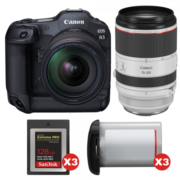 Canon EOS R3 + RF 24-70mm f/2.8 L IS USM + RF 70-200mm f/2.8 L IS USM + 3 SanDisk 128GB Extreme PRO CFexpress Type B + 3 Canon L