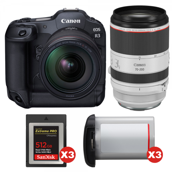 Canon EOS R3 + RF 24-70mm f/2.8 L IS USM + RF 70-200mm f/2.8 L IS USM + 3 SanDisk 512GB Extreme PRO CFexpress Type B + 3 Canon L