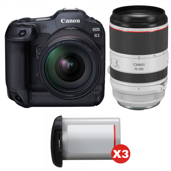 Canon EOS R3 + RF 24-70mm f/2.8 L IS USM + RF 70-200mm f/2.8 L IS USM + 3 Canon LP-E19-1